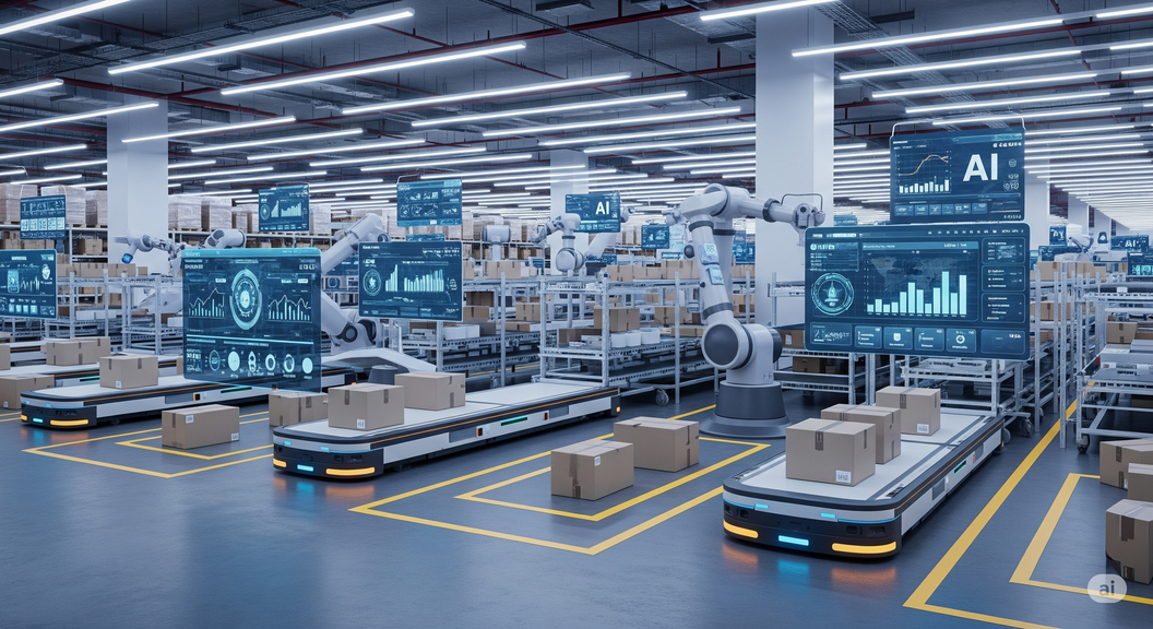 AI generiertes Bild zeigt autonomes Logistikzentrum mit Laufbändern und Paketen