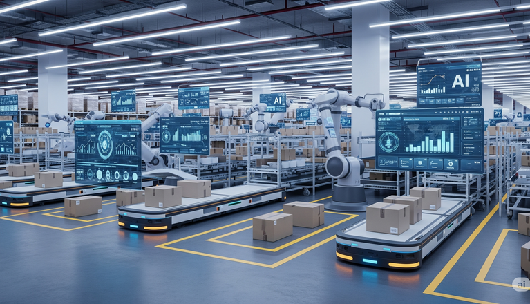 AI generiertes Bild zeigt autonomes Logistikzentrum mit Laufbändern und Paketen