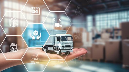 Order fulfillment icons, white truck palm, boxes in warehouse, Order delivery service work. Products shipping from stock inventory to customer hands with fast express.